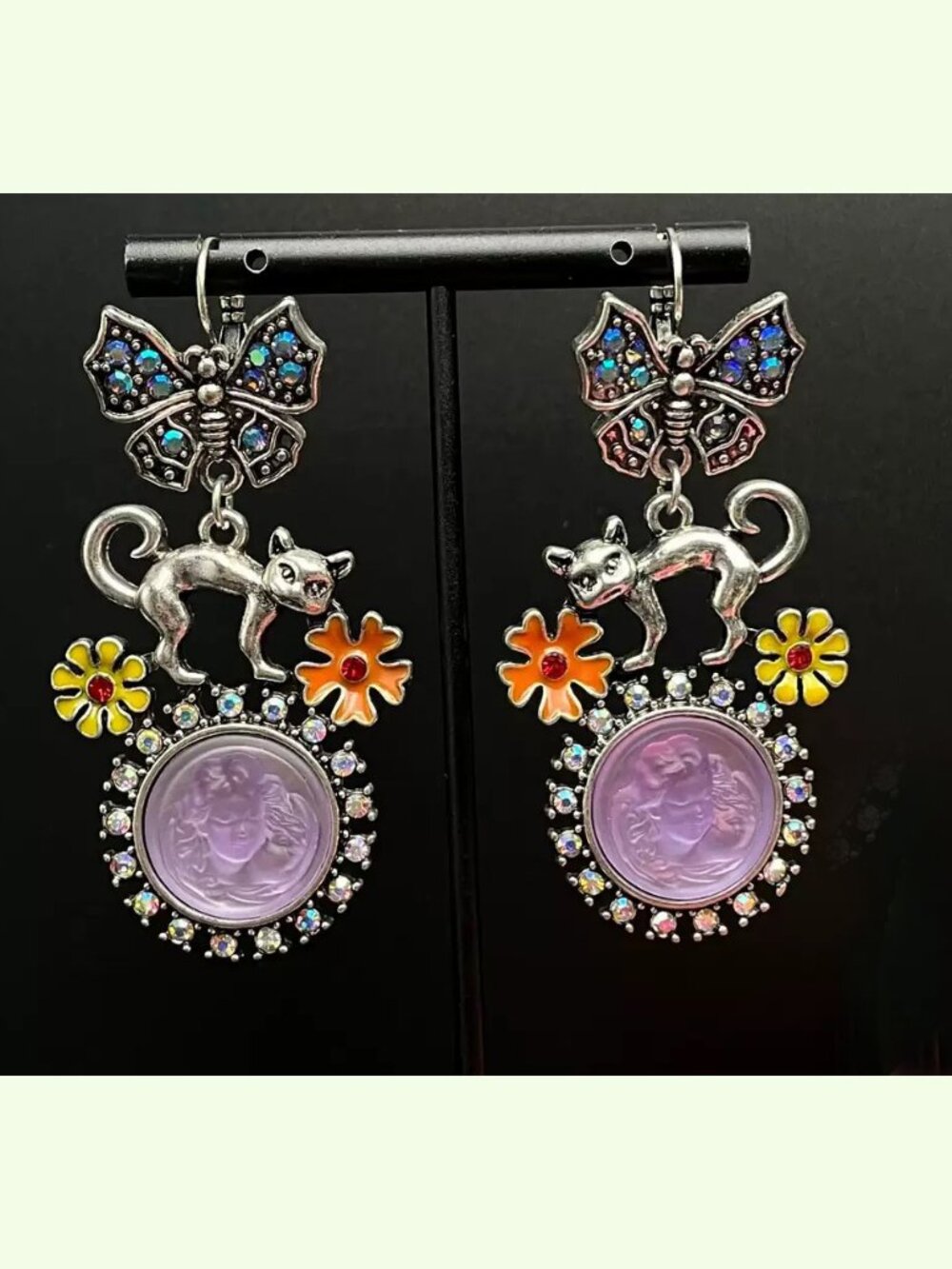 Kirks Folly Cameo Silver Tone Cat Butterfly Flower Earrings